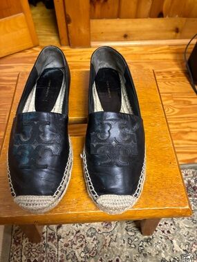 Tory Burch Black Leather Espadrille Flats with Jute Toe